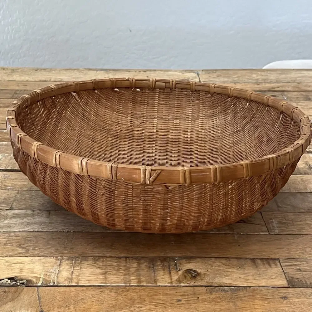 Vintage Hand Woven Sieve Woven Split Bamboo Winnowing Round Basket Tray 14